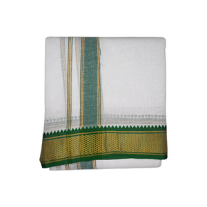 EXD768 Exclusive Dhoties pure Cotton bleached white Dhoti with 3" border with size 9x5 (4 mtrs dhoti + 2 mtrs angavastram gamcha)