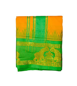 EXD753 Exclusive Dhoties Traditional Art Silk Color Dhoties With 5" inch Jacquard Temple Tower Border size 9X5 (4.15 Mtr Dhoti with 2.30 Mtr Angavastram)