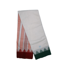EXD764 Exclusive Dhoties Pure cotton half white dhoti with 5" fancy temple tower border with dhoti & gamcha in size 9x5 (4 mtrs dhoti + 2mtrs angavastram)