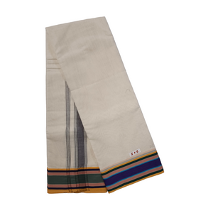 EXD774 Exclusive Dhoties 100% Pure cotton dhoti half white with 4" cotton border size 9x5 (4 Mtrs Dhoti + 2mtrs Angavastram)