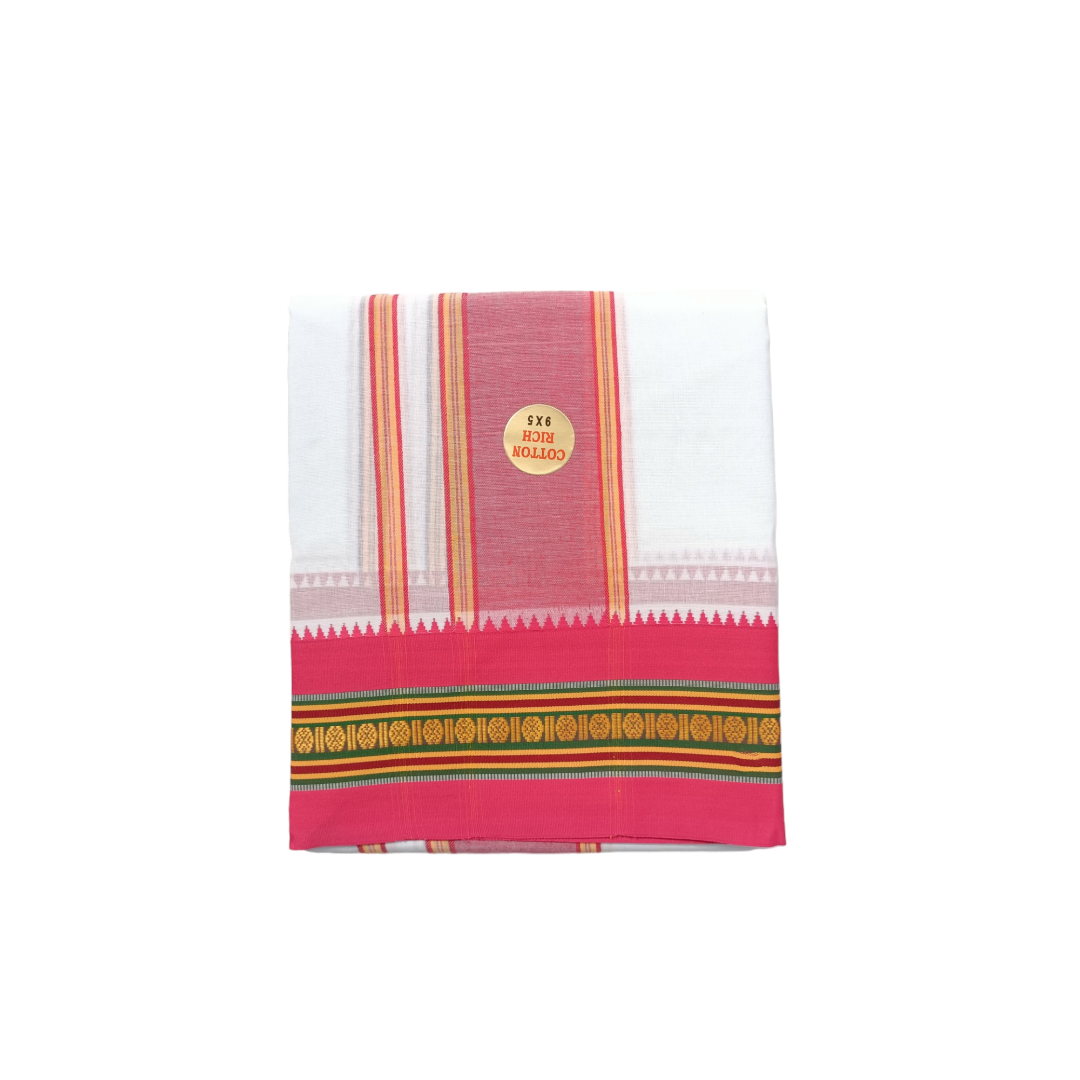 EXD779 New Exclusive Dhoties pure cotton white dhoti with nagpuri border size 9x5 4 Mtrs Dhoti 2 Mtrs Angavastram