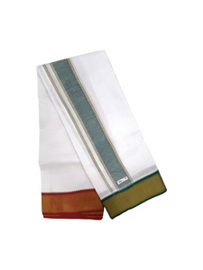 EXD743 Men's Traditional Cotton Mayilkann Ganga Jamuna Cotton Dhoti With 4" Polyester Border Unbleach Cream Dhoti Panchakacham Unstitched