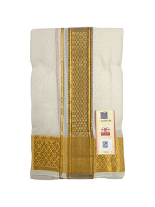 EXD806- Exclusive Dhoties Pure Silk Cream Colour Embossed Dhoti With Silk Mark Size 8 Mulam(3.60 Mtrs)