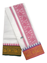 Exclusive Dhoties Pure Cotton Bleached White Dhoti With 6" Jacquard border with Jacquard Munthi Size 9x5 (4.1 Mtrs Dhoti + 2.5 Mtrs Angavastram)