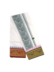 Exclusive Dhoties Pure Cotton Bleached White Dhoti With 6" Jacquard border with Jacquard Munthi Size 9x5 (4.1 Mtrs Dhoti + 2.5 Mtrs Angavastram)