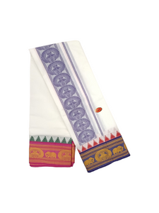 Exclusive Dhoties Pure Cotton Bleached White Dhoti With 6" Jacquard border with Jacquard Munthi Size 9x5 (4.1 Mtrs Dhoti + 2.5 Mtrs Angavastram)