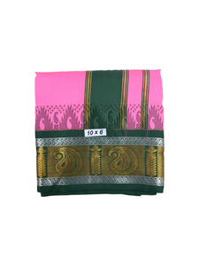 Exclusive Dhoties Traditional Art Silk Color Dhoties With 5" inch Jacquard Temple Tower Border Imitaion Silk size 10X6 (4.62 Mtr Dhoti with 2.77 Mtr Angavastram)