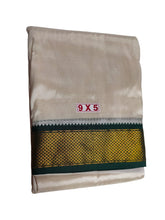 EXD064 Men's Traditional Light Sandal Imitation Silk Dhoti With 5 & 7 Peacock Eyes Border and Dhoti Size Mulam 9X5 (or) 4.15 Mtr Dhoti with 2.30 Mtr Angavastram