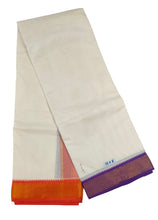 EXD743 Men's Traditional Cotton Mayilkann Ganga Jamuna Cotton Dhoti With 4" Polyester Border Unbleach Cream Dhoti Panchakacham Unstitched