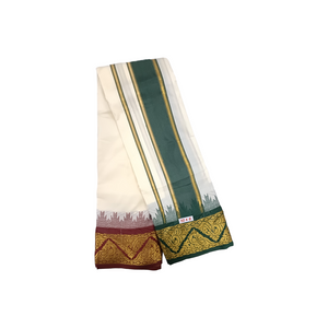 Exclusive Dhoties Traditional Art Silk Color Dhoties With 5" inch Jacquard Temple Tower Border Imitaion Silk size 10X6 (4.62 Mtr Dhoti with 2.77 Mtr Angavastram)