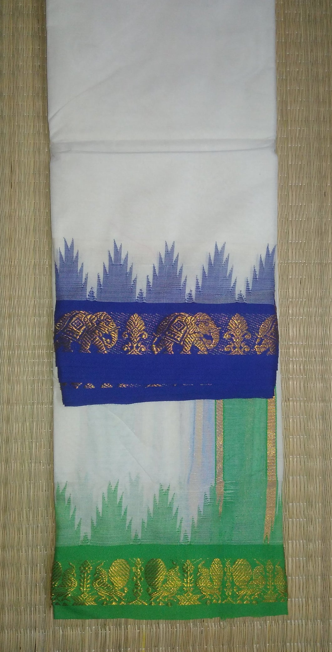 EXD275 Men's Traditional Dhoti Of Elephant and Annapachi Gold Zari Border / Unbleach Dhoti Size Mulam 9X5 (or) 4.15 Mtr Dhoti with 2.30 Mtr Angavastram