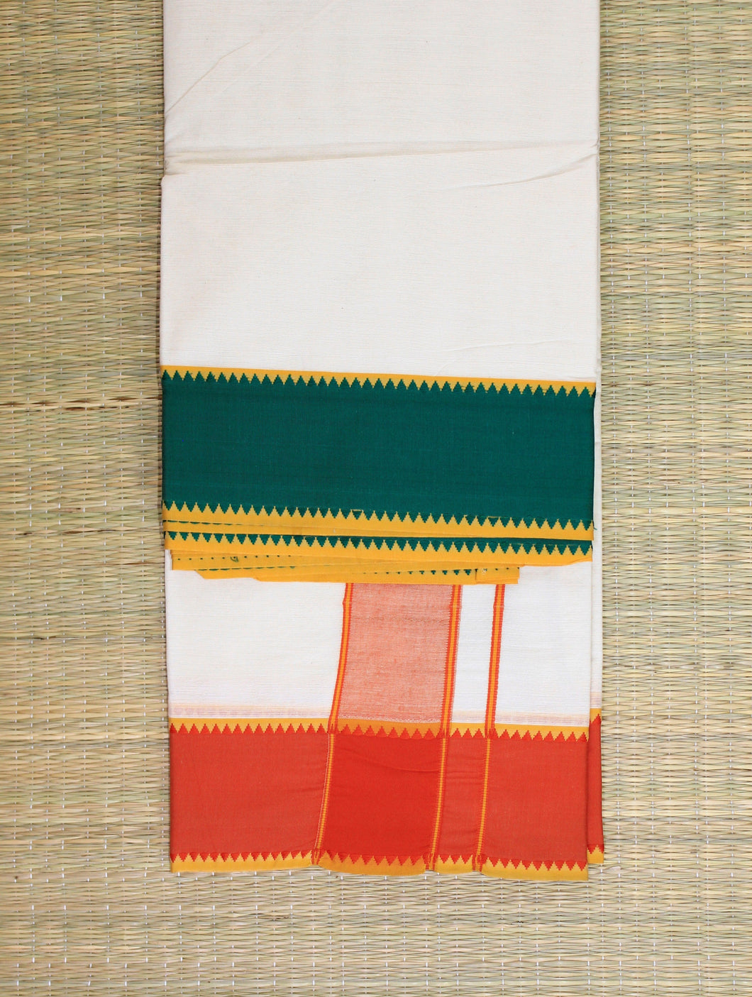EXD013 Men's Traditional Dhoti With Bud & Polyester Border / Unbleach Dhoti Size Mulam 9X5 (or) 4.15 Mtr Dhoti with 2.30 Mtr Angavastram