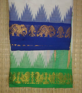 EXD275 Men's Traditional Dhoti Of Elephant and Annapachi Gold Zari Border / Unbleach Dhoti Size Mulam 9X5 (or) 4.15 Mtr Dhoti with 2.30 Mtr Angavastram
