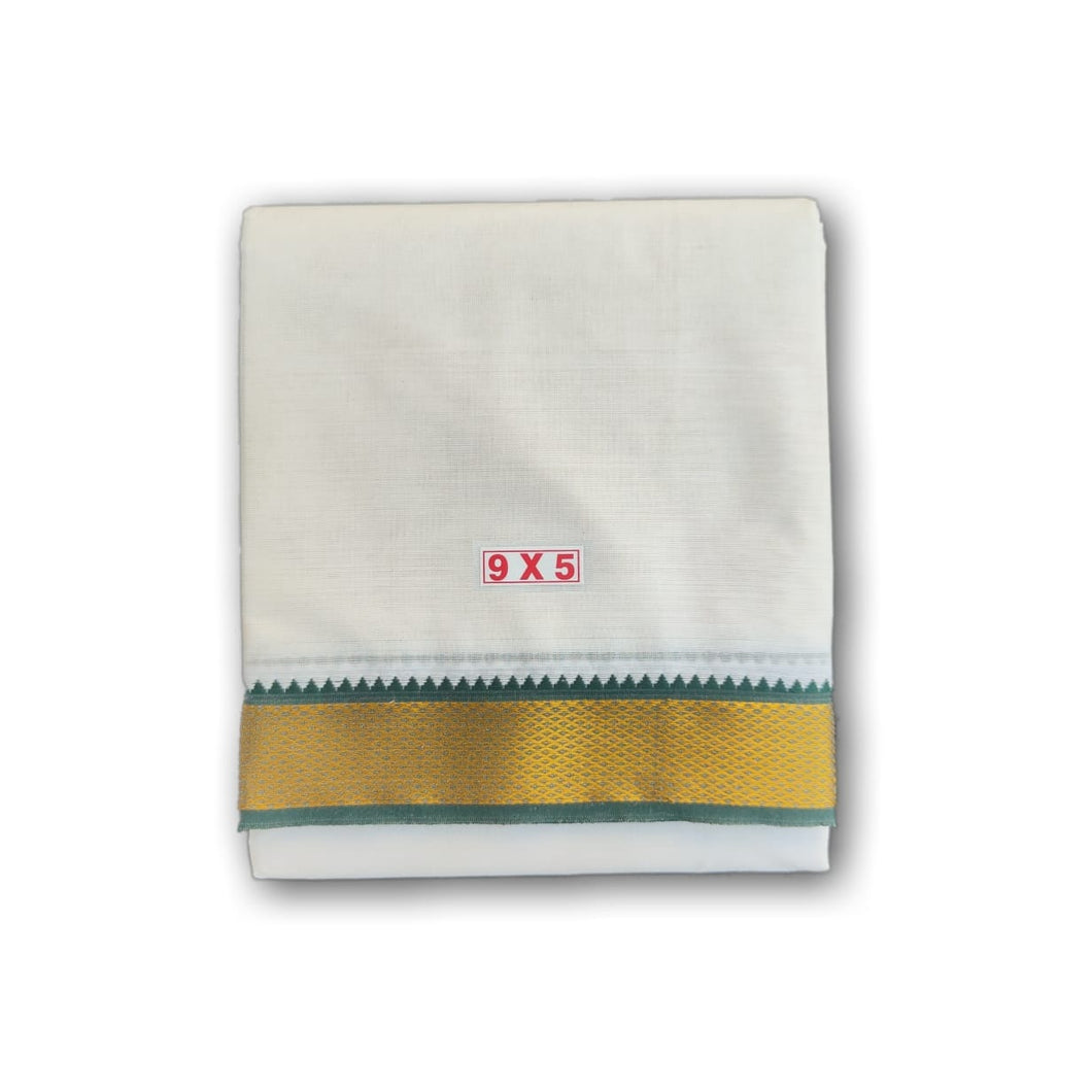 EXD274 Men's Traditional Dhoti of 7 Peacock Eye Border with Bud on it / Unbleach Dhoti Size Mulam 9X5 (or) 4.15 Mtr Dhoti with 2.30 Mtr Angavastram