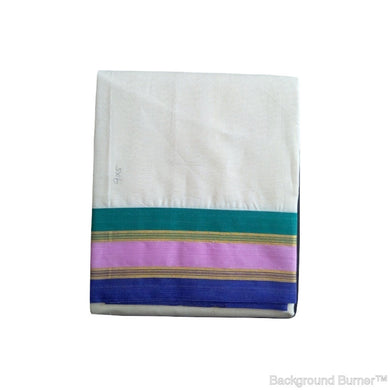 EXD008 Men's Traditional Dhoti With Tricolor 20 Carat Pure One Touch Double Line Zari Border / Unbleach Dhoti Size Mulam 9X5 (or) 4.15 Mtr Dhoti with 2.30 Mtr Angavastram