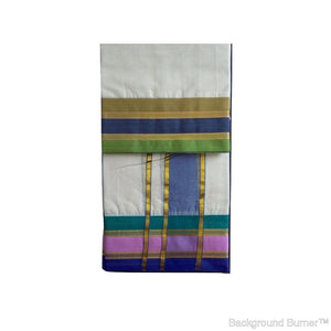 EXD008 Men's Traditional Dhoti With Tricolor 20 Carat Pure One Touch Double Line Zari Border / Unbleach Dhoti Size Mulam 9X5 (or) 4.15 Mtr Dhoti with 2.30 Mtr Angavastram