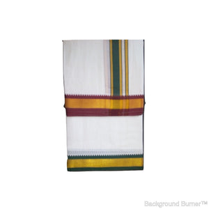 EXD044 Men's Traditional Dhoti With Bud on Small Peacock Eyed Border Dhoti Size Mulam 9X5 (or) 4.15 Mtr Dhoti with 2.30 Mtr Angavastram