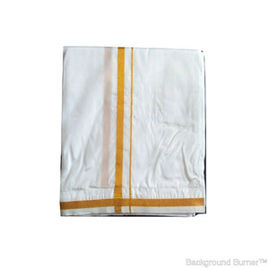 EXD063 Men's Traditional White Imitation Art Silk Dhoti With Gold Zari Border and Dhoti Size Mulam 8 (or) 3.60 Mtr Dhoti