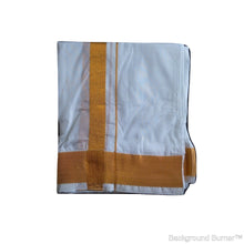 EXD063 Men's Traditional White Imitation Art Silk Dhoti With Gold Zari Border and Dhoti Size Mulam 8 (or) 3.60 Mtr Dhoti
