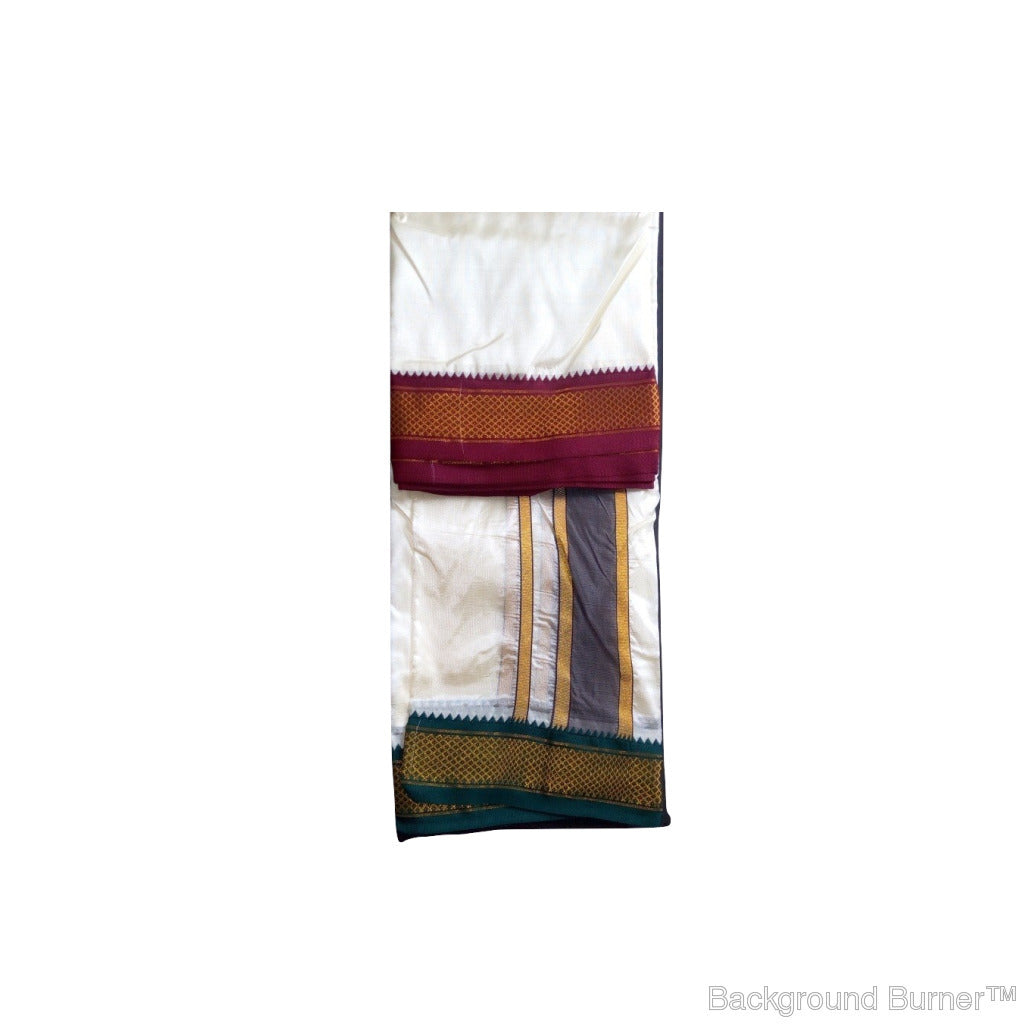 EXD064 Men's Traditional Light Sandal Imitation Silk Dhoti With 7 Peacock Eyes Border and Dhoti Size Mulam 8 (or) 3.60 Mtr Dhoti