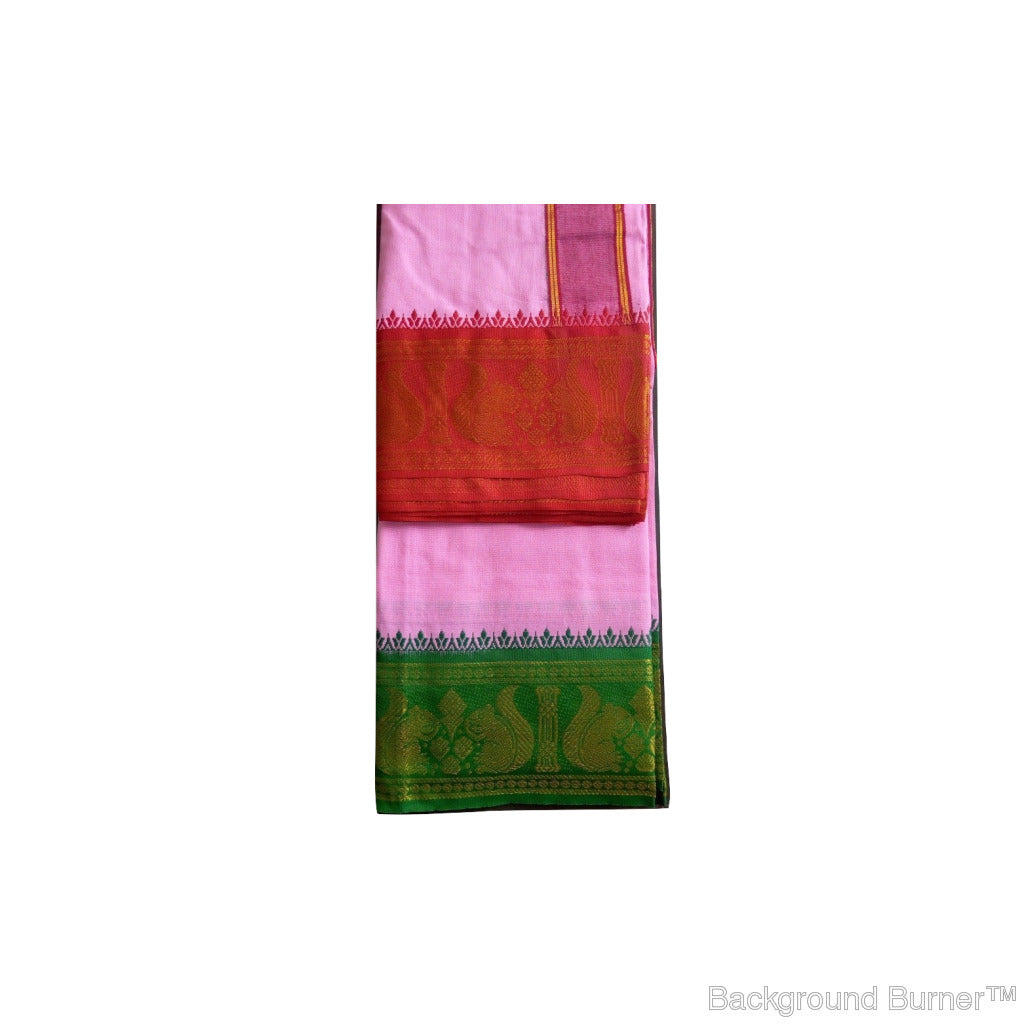 EXD188 Men's Traditional Pink Dhoti With Striped Border / Dhoti Size Mulam 9X5 (or) 4.15 Mtr Dhoti with 2.30 Mtr Angavastram
