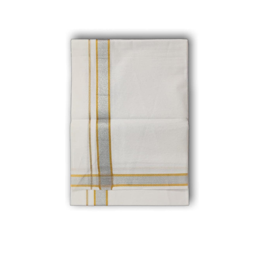 EXD206 Men's Traditional Pure Cotton Bleached White Dhoti With Gold & Silver Border Size 4 Mulam / 2 Mtrs Unstitched