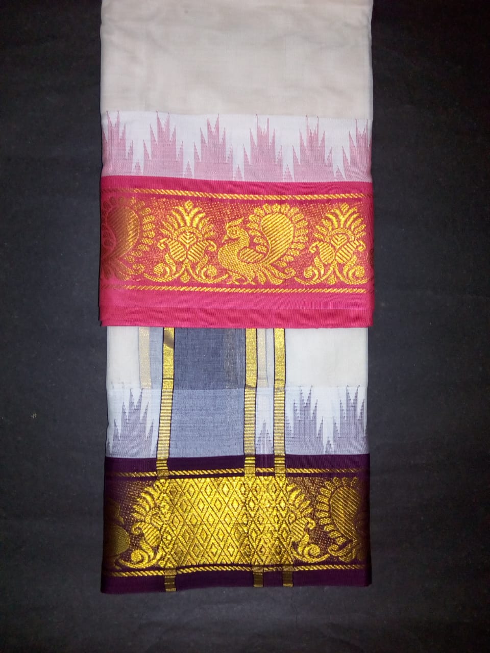 EXD259 Men's Traditional Jacquard Dhoti of golden peacock Border / Unbleach Dhoti Size Mulam 9X5 (or) 4.15 Mtr Dhoti with 2.30 Mtr Angavastram