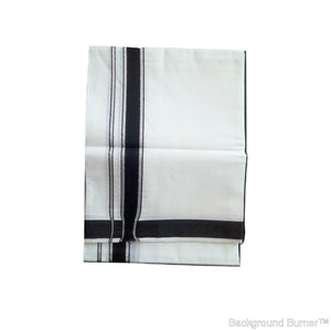 EXD263 Mens Dhoti With Velcro and Pocket on Silver Line Black Border / Bleach Dhoti Size 4 Mulam / 2 Mtr