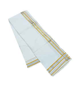 EXD264 Men's Traditional Pure Cotton Bleached White Dhoti  With Gold & Silver Border Size  9X5 (or) 4.15 Mtr Dhoti with 2.30 Mtr Angavastram