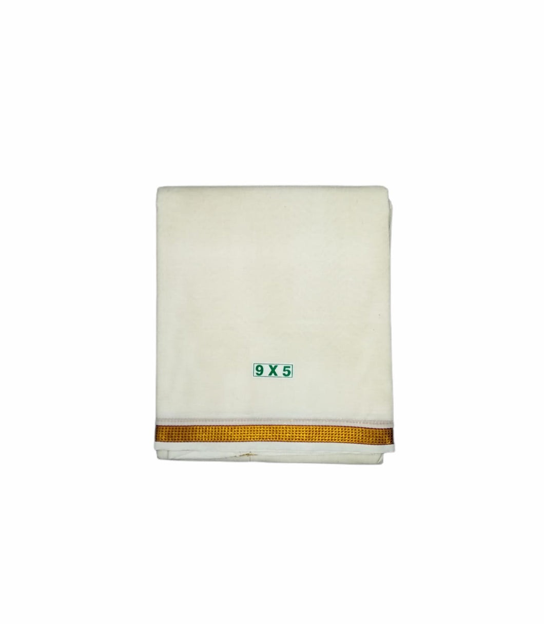 EXD283 Men's Tradtional Dhoti of Square boxes in a Small Border / Unbleach Dhoti Size Mulam 9X5 (or) 4.15 Mtr Dhoti with 2.30 Mtr Angavastram