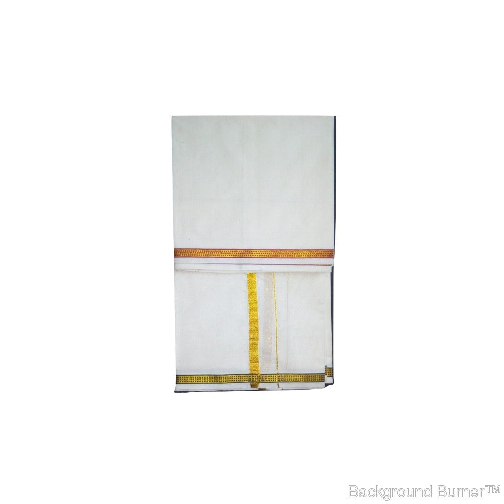 EXD283 Men's Tradtional Dhoti of Dots in a 3 Small Diamond Border / Unbleach Dhoti Size Mulam 8 (or) 3.60 Mtr Dhoti