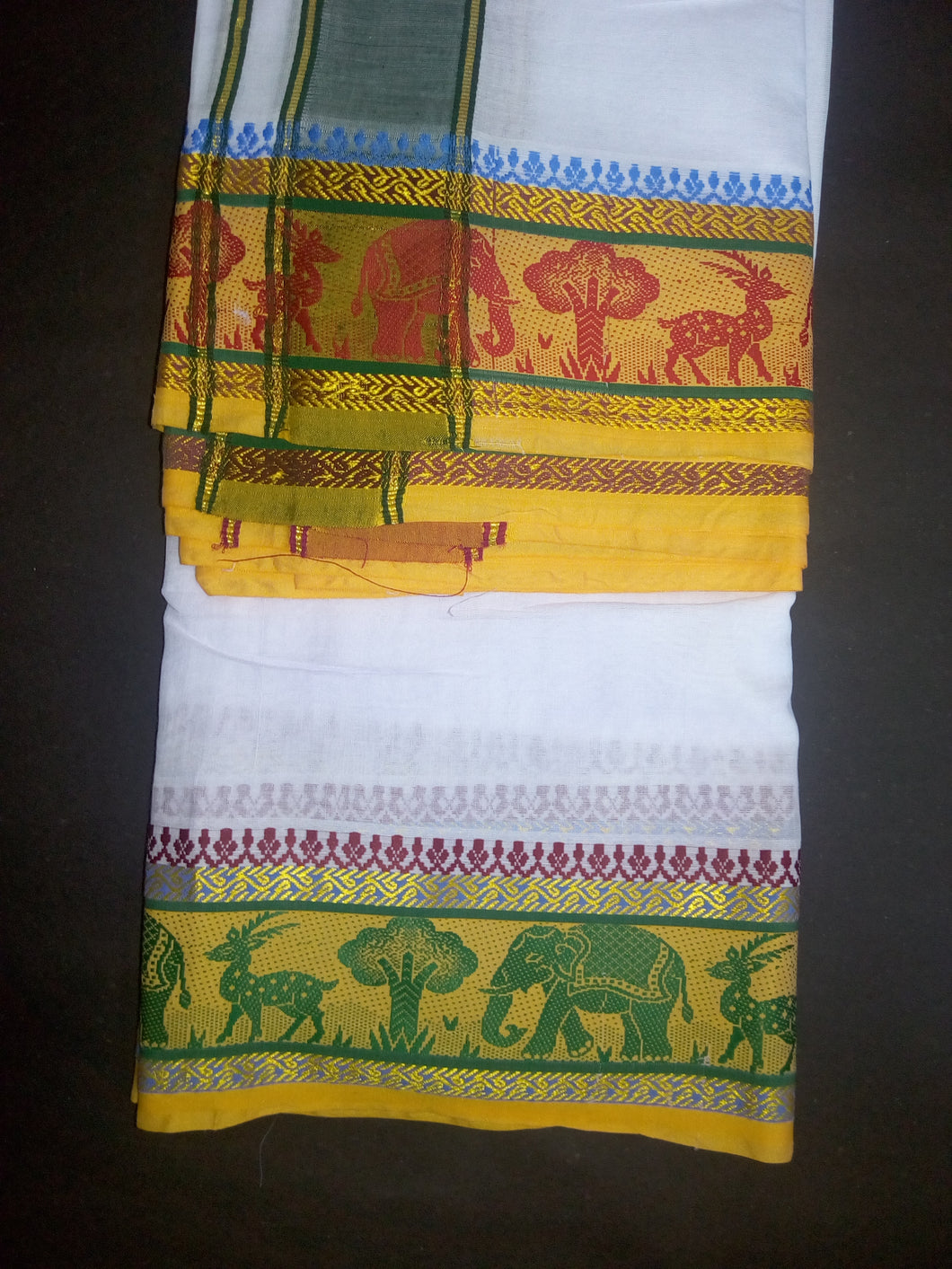 EXD310 Men's Traditional Jacquard Dhoti of Elephant and deer Border / Unbleach / Bleach / Dhoti Size Mulam 9X5 (or) 4.15 Mtr Dhoti with 2.30 Mtr Angavastram