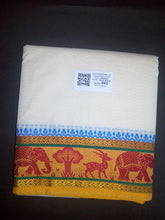 EXD310 Men's Traditional Jacquard Dhoti of Elephant and deer Border / Unbleach / Bleach / Dhoti Size Mulam 9X5 (or) 4.15 Mtr Dhoti with 2.30 Mtr Angavastram