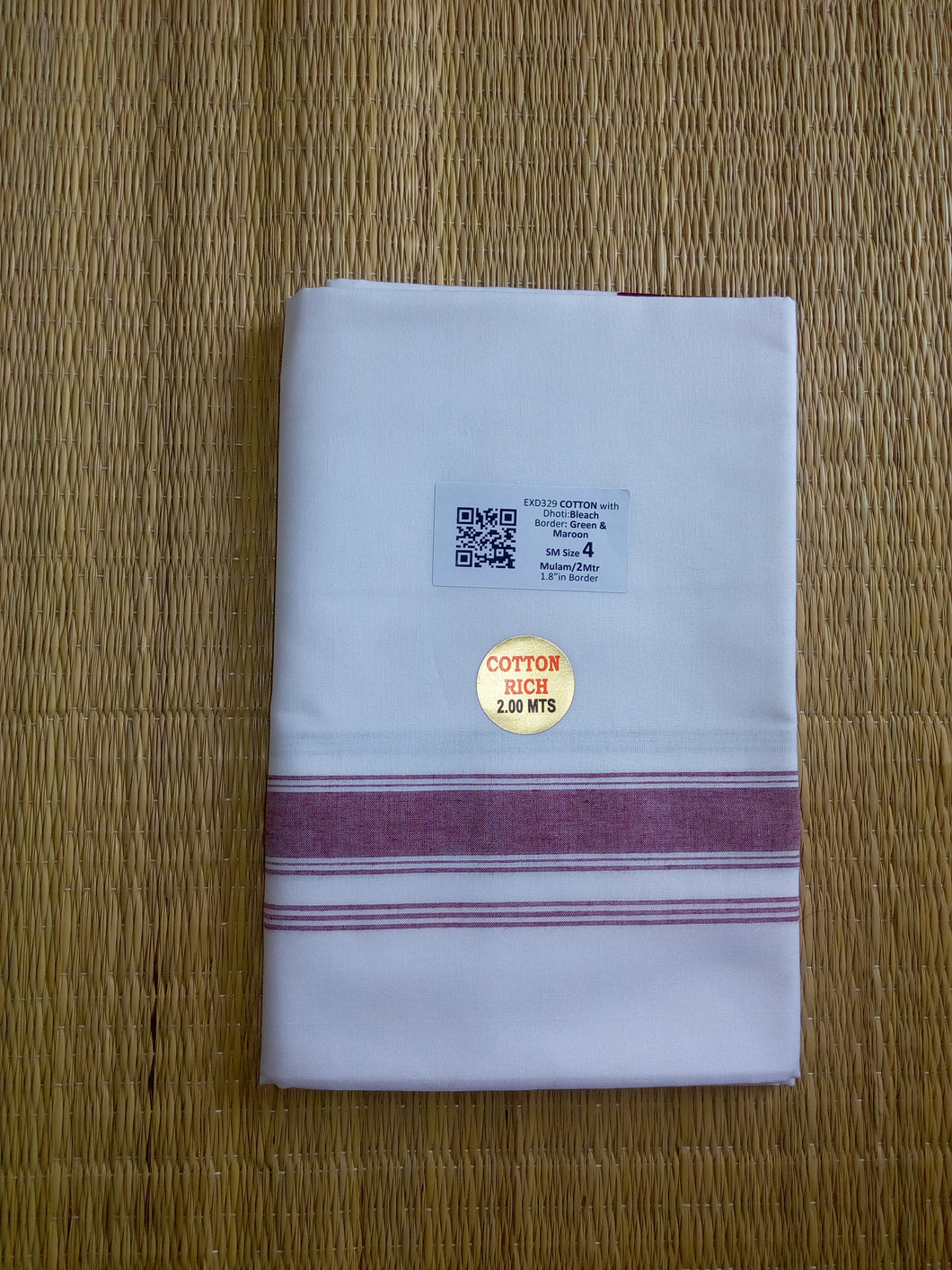 EXD329 Men's Traditional Border Dhoti With Velcro and Pocket on Bleach Dhoti Size 4 Mulam / 2 Mtr