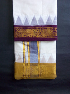 EXD358 Men's Traditional Jacquard Dhoti With Tower & Elephant & Peacock Border / Unbleach Dhoti Size Mulam 9X5 (or) 4.15 Mtr Dhoti with 2.30 Mtr Angavastram