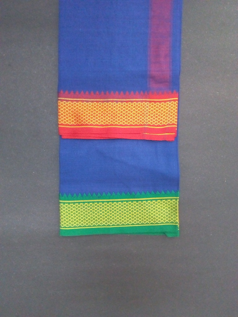 EXD371 Men's Trendy Border Dhoti With Velcro and Pocket on Light Orange & Dark Blue Dhoti Size 4 Mulam / 2 Mtr
