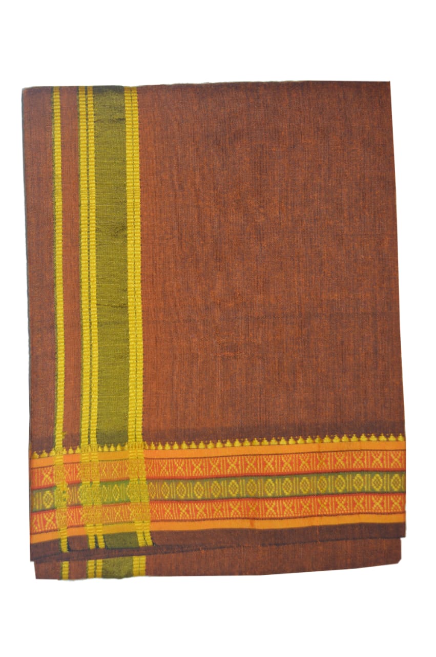 EXD382 Men's Trendy Border Dhoti With Velcro and Pocket on Brown Dhoti Size 4 Mulam / 2 Mtr