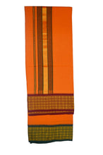 EXD387 Men's Trendy Border Dhoti With Velcro and Pocket on Yellow & Orange Dhoti Size 4 Mulam / 2 Mtr