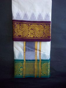 EXD471 Men's Traditional Jacquard Dhoti With Tower & Peacock & Mango Border / Unbleach Dhoti Size Mulam 9X5 (or) 4.15 Mtr Dhoti with 2.30 Mtr Angavastram