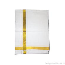 EXD476 Men's Gold Trendy Border Dhoti With Velcro and Pocket on Bleach Dhoti Size 4 Mulam / 2 Mtr