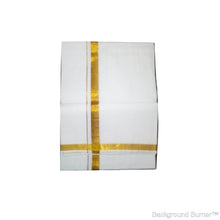 EXD476 Men's Gold Trendy Border Dhoti With Velcro and Pocket on Bleach Dhoti Size 4 Mulam / 2 Mtr