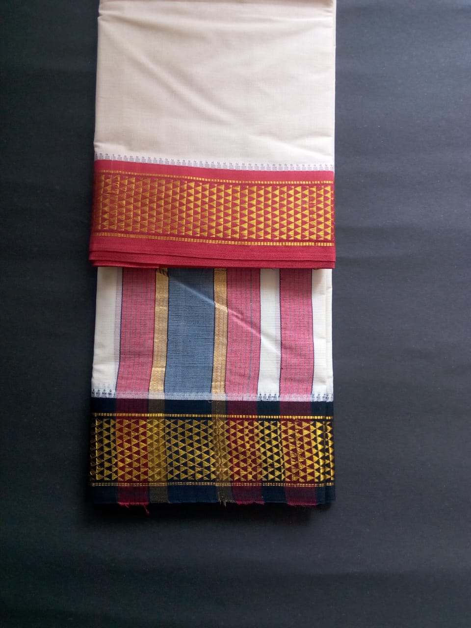 EXD528 Mens Dhoti With Fancy Border / Unbleach Dhoti Size Mulam 9X5 (or) 4.15 Mtr Dhoti with 2.30 Mtr Angavastram