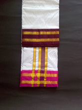 EXD533 Handloom Pure Silk white color Dhoti Size Mulam 9X5 (or) 4.15 Mtr Dhoti with 2.30 Mtr Angavastram with 3.7" Inch Border