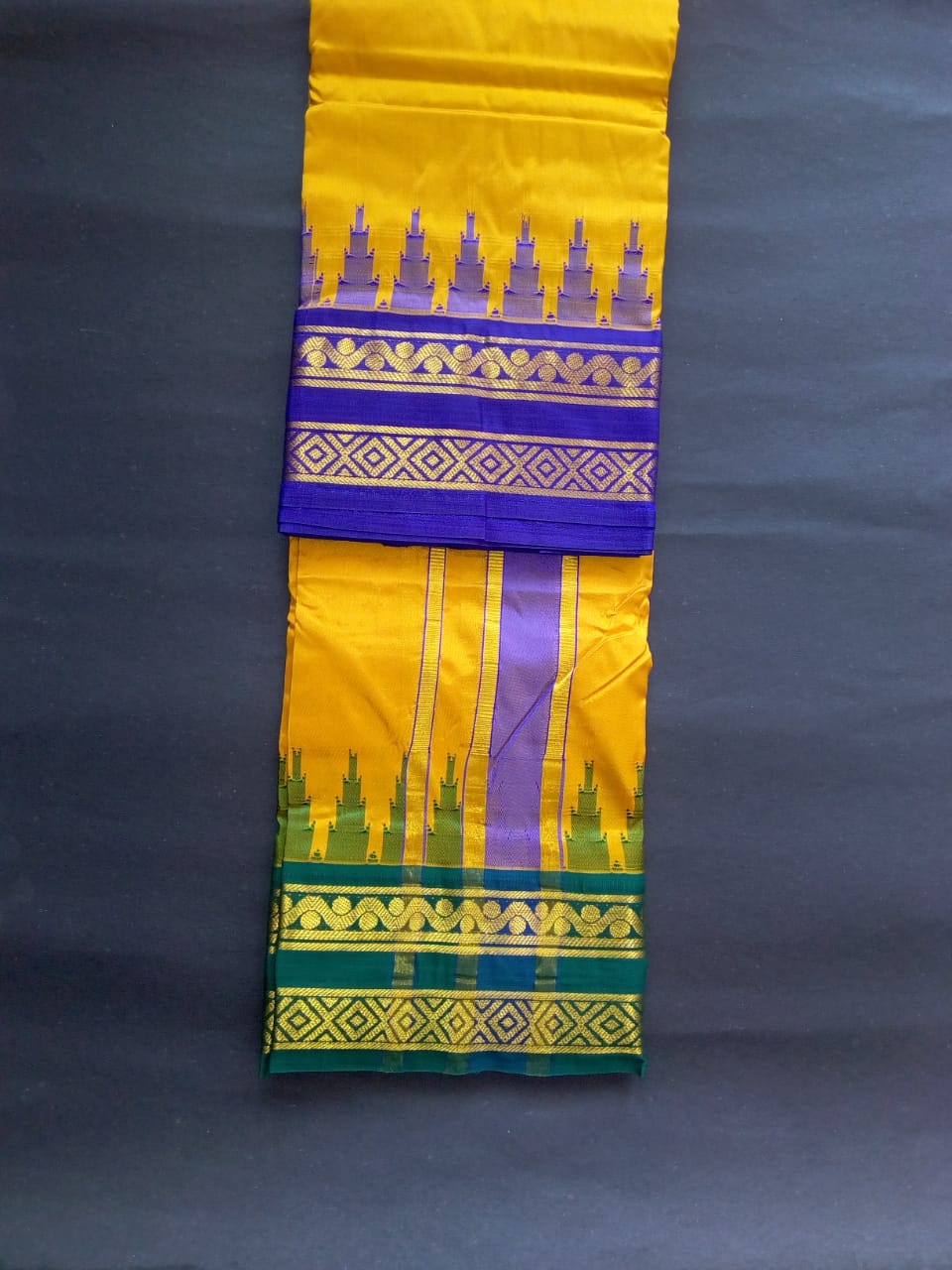 EXD534 Handloom Pure Silk Mango Yellow color Dhoti Size Mulam 9X5 (or) 4.15 Mtr Dhoti with 2.30 Mtr Angavastram with 6.7