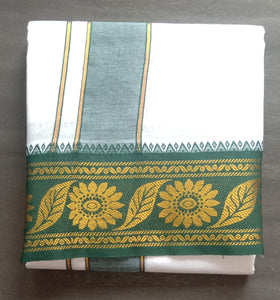 EXD546 Mens Pure Cotton Dhoti With Polyester Flowers & Leaf Border / Unbleach - Bleach Dhoti Size Mulam 9X5 (or) 4.15 Mtr Dhoti with 2.30 Mtr Angavastram