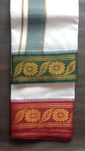 EXD546 Mens Pure Cotton Dhoti With Polyester Flowers & Leaf Border / Unbleach - Bleach Dhoti Size Mulam 9X5 (or) 4.15 Mtr Dhoti with 2.30 Mtr Angavastram
