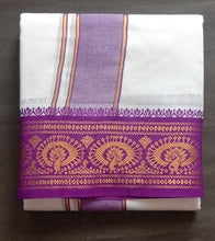 EXD550 Mens Pure Cotton Dhoti With Polyester Peacock Border / Unbleach - Bleach Dhoti Size Mulam 9X5 (or) 4.15 Mtr Dhoti with 2.30 Mtr Angavastram