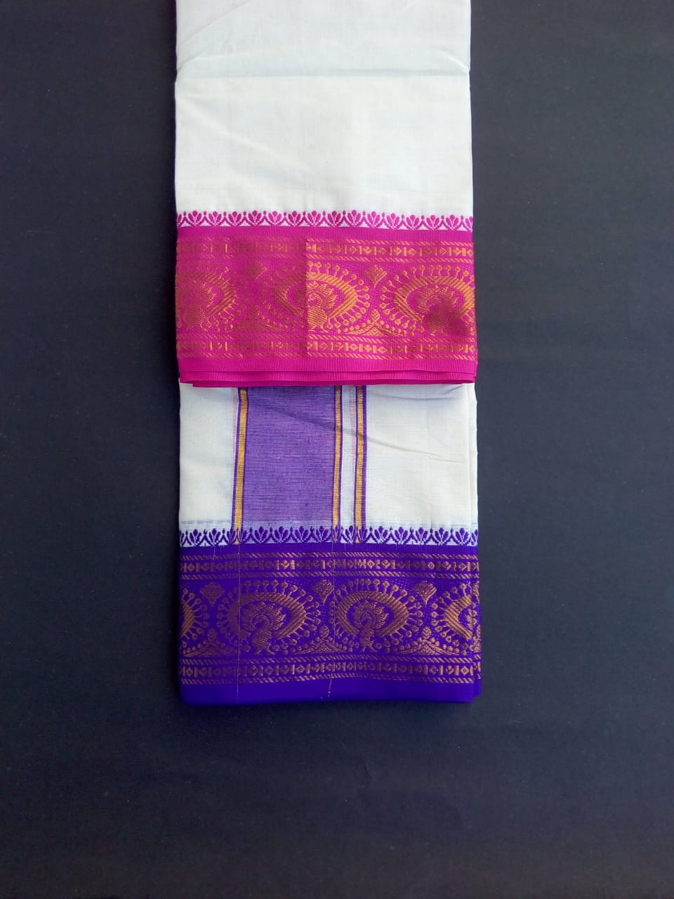 EXD550 Mens Pure Cotton Dhoti With Polyester Peacock Border / Unbleach - Bleach Dhoti Size Mulam 9X5 (or) 4.15 Mtr Dhoti with 2.30 Mtr Angavastram