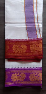 EXD551 Mens Pure Cotton Dhoti With Polyester Peacock Border / Unbleach - Bleach Dhoti Size Mulam 9X5 (or) 4.15 Mtr Dhoti with 2.30 Mtr Angavastram