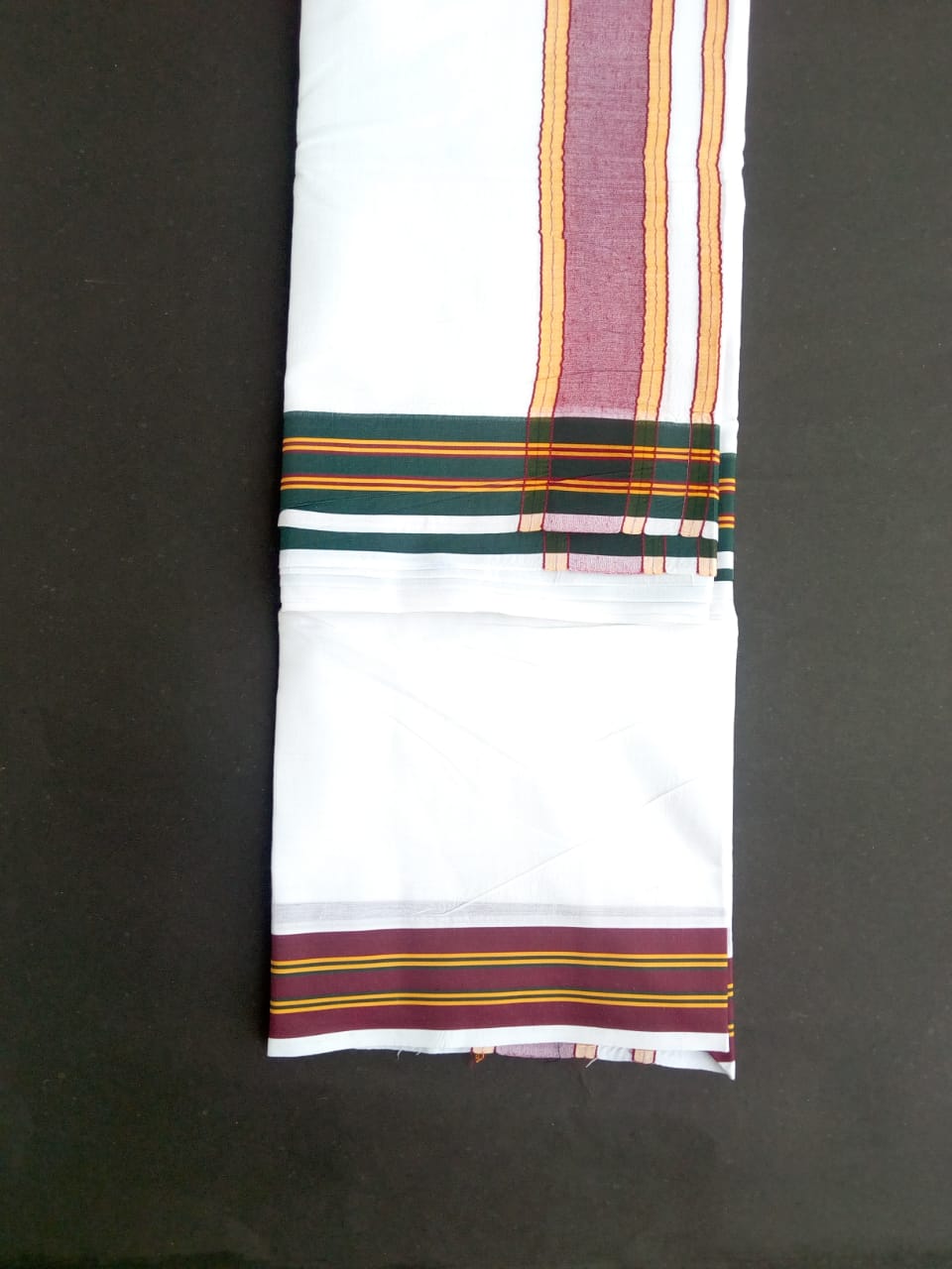 EXD555 Mens 100% Pure Cotton Dhoti With Polyester Plain Line Border / Bleach Dhoti Size Mulam 9X5 (or) 4.15 Mtr Dhoti with 2.30 Mtr Angavastram